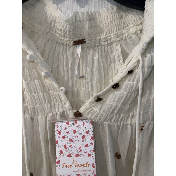 Free People Blouse Womens XS Ready to Run Embroidered Dot Smocked Georgette Top - Picture 3 of 11